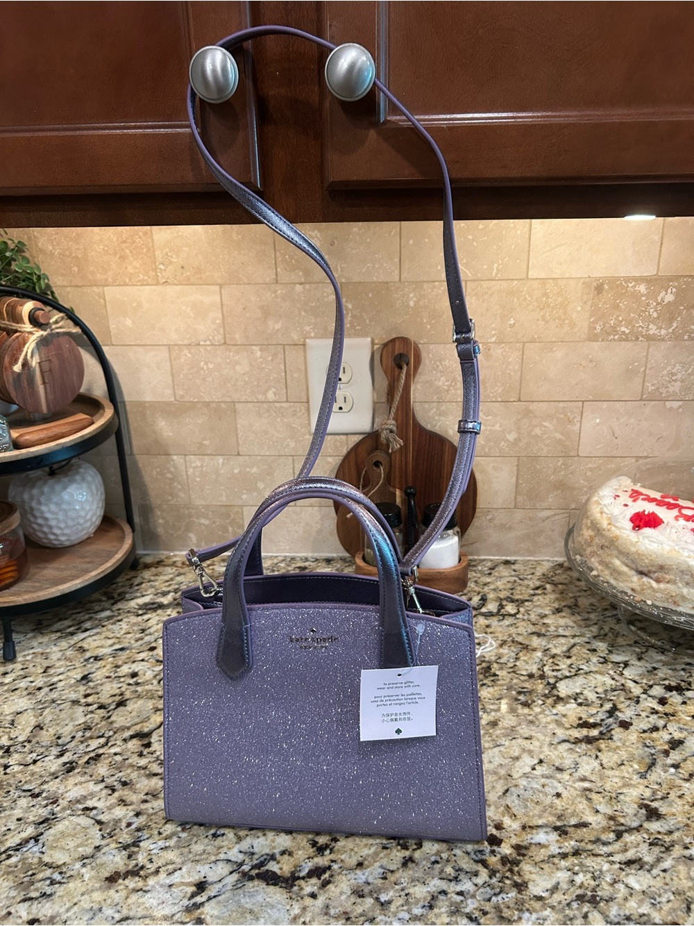 Kate Spade Tinsel Glitter Fabric Satchel Crossbody Handbag lilac - Picture 8 of 11